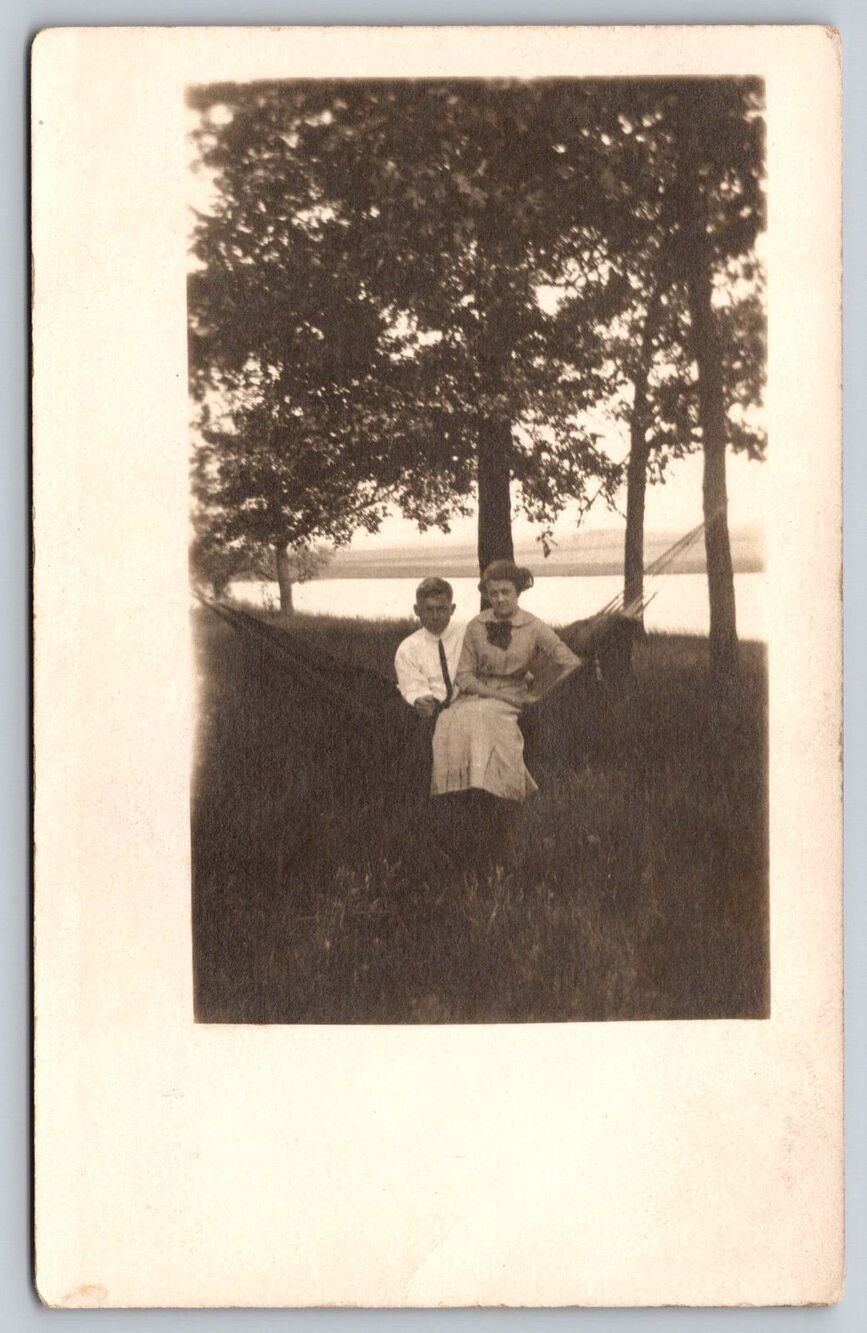RPPC 1913 Decoration Day Couple in Hammock Real Photo Postcard AZO 4-Up Antique